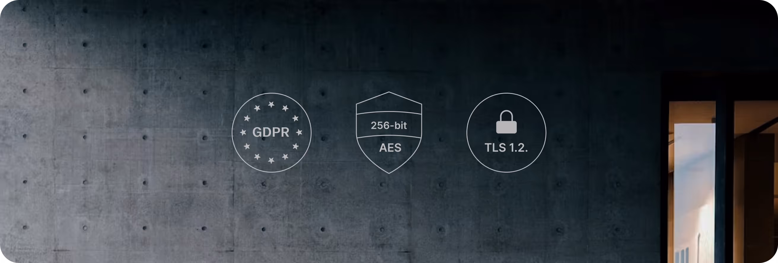 Beveiligingsvisualisatie met GDPR-, AES-256- en TLS 1.2-badges